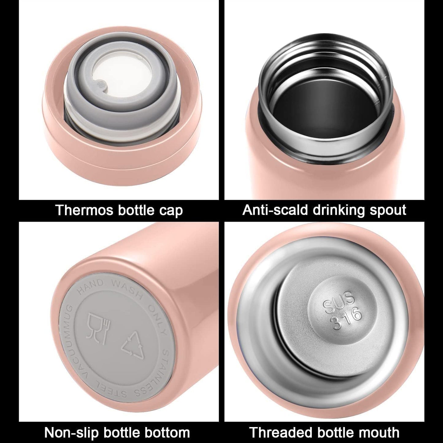 Mini Thermos Cute Water Bottle - 7 oz Tiny Insulated Vacuum 18/10 Stainless Steel Small Flask - Leak Proof & Spill Proof & Keeps Cold and Hot for Drink, Coffee, Tea - Pink