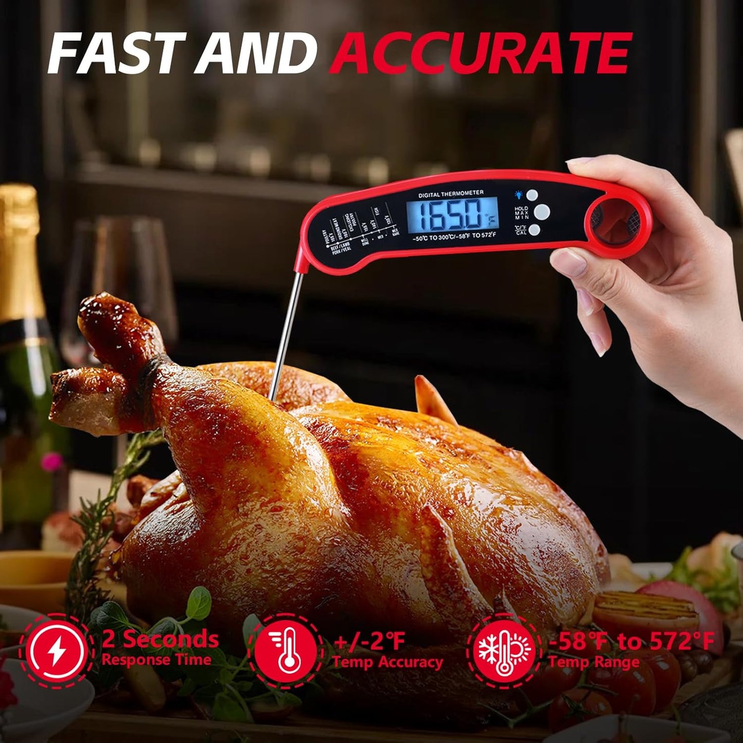Meat Thermometer Digital, ULTRAKTE Instant Read Food Thermometer with Backlight & Calibration, Waterproof Ultra-Fast Cooking Thermometer with Foldable Probe for Kitchen, Grill, Deep Fry, BBQ, Candy