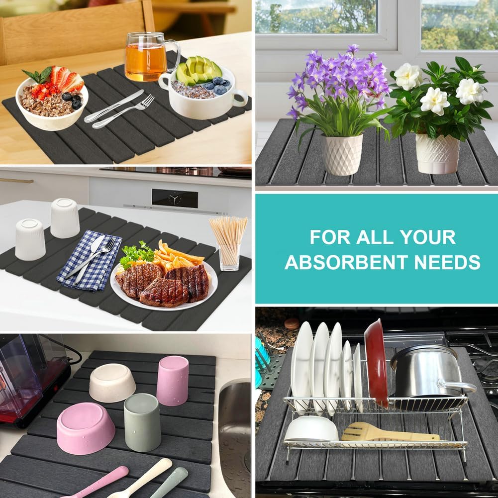 Large Diatomaceous Stone Drying Mat for Kitchen Counter, Quick Dry Collapsible Drying Mat , Absorbent Bath Mat for Kitchen Dishes Cups Bottles Bathroom Any Countertop, 24 In x 16 In, Dark Gray