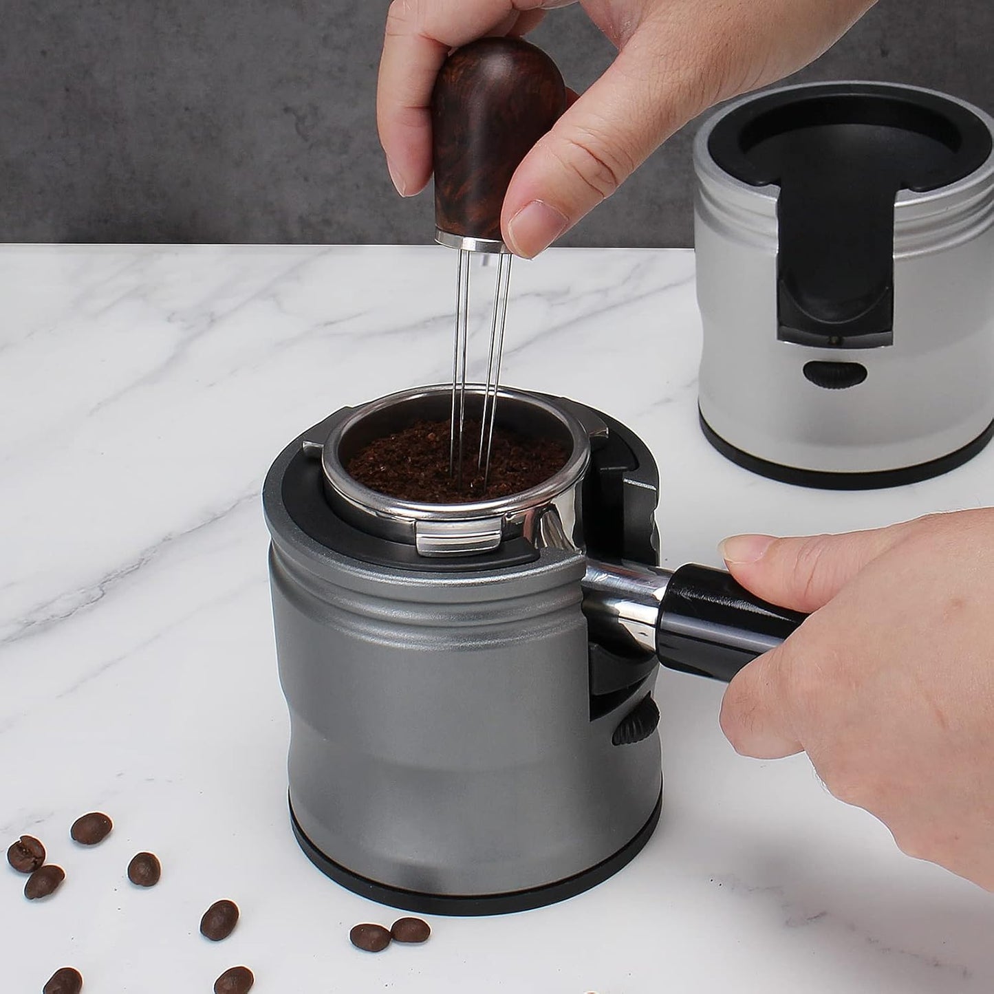 Espresso Tamping Station, Coffee Portafilter Holder, Aluminum Alloy Stand Fit for Most 51mm, 53mm, 54mm and 58mm Portafilter (Round, Grey)