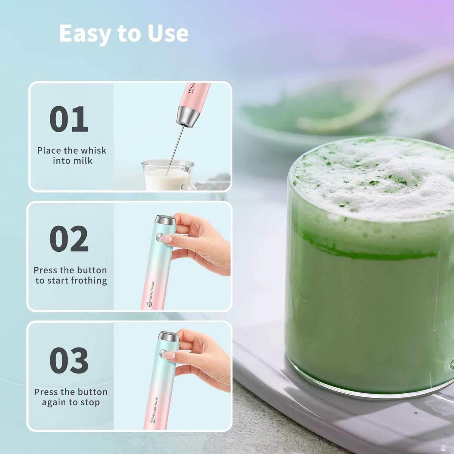 Maestri House Rechargeable Milk Frother with Stand, LunaFro Handheld Electric Foam Maker Waterproof Detachable Stainless Steel Whisk Drink Mixer Foamer for Lattes, Cappuccino