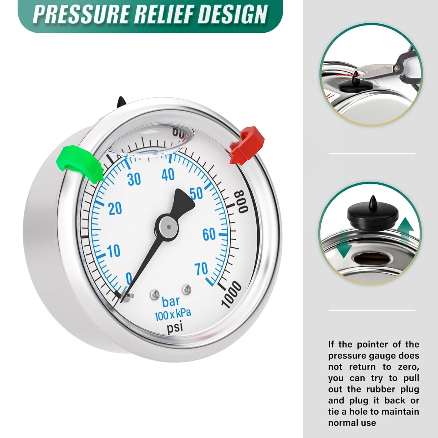 0-1000PSI Stainless Steel Liquid Filled Pressure Gauge, 2.5" Dial Size, 1/4" NPT Back Mount, for Tube, Water Pump, Gas, Liquid, Pressure Test (with Range Mark Pointer)