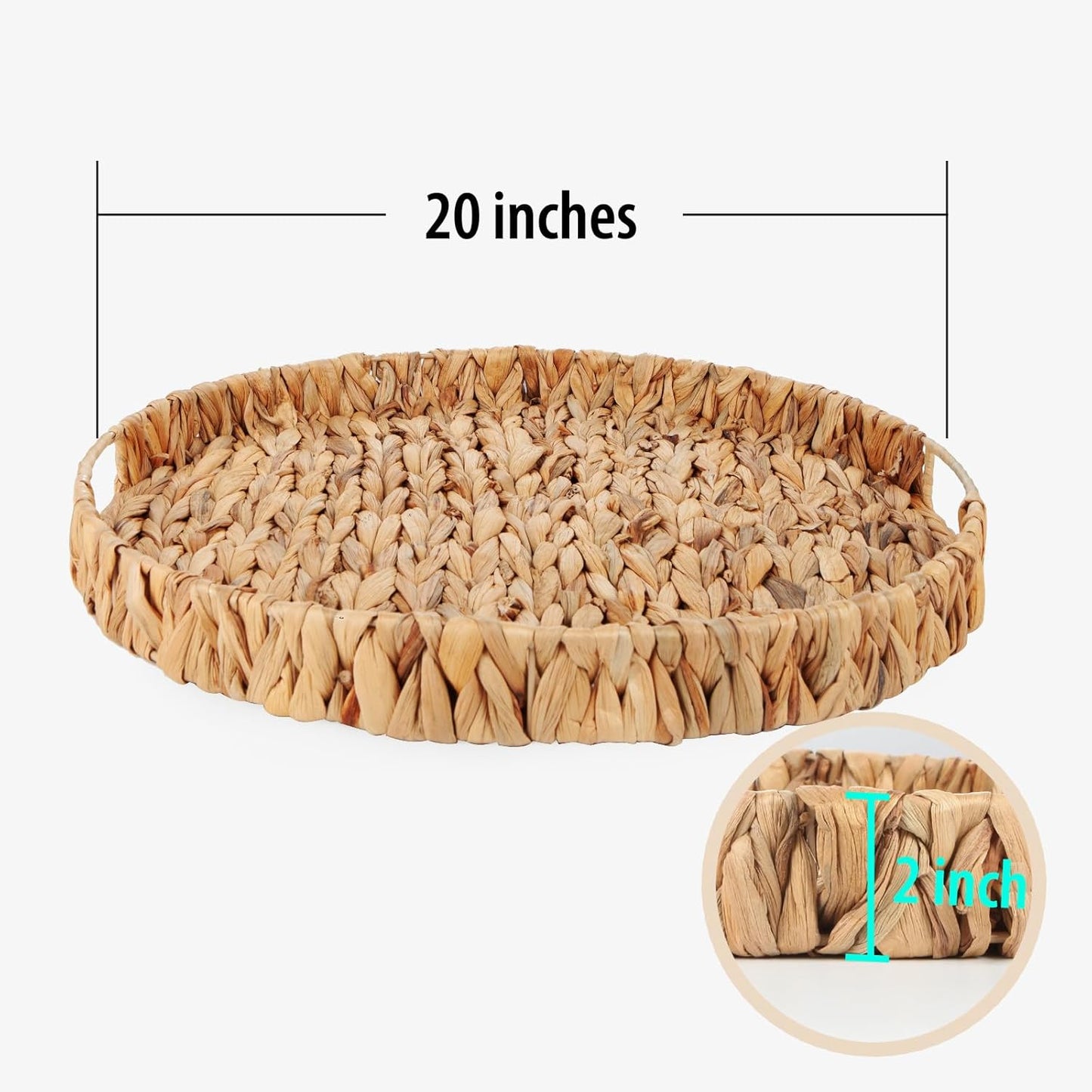 Round Ottoman Tray Large Wicker Serving Tray with Handles for Coffee Table, 20 Inch Handwoven Natural Water Hyacinth Tray
