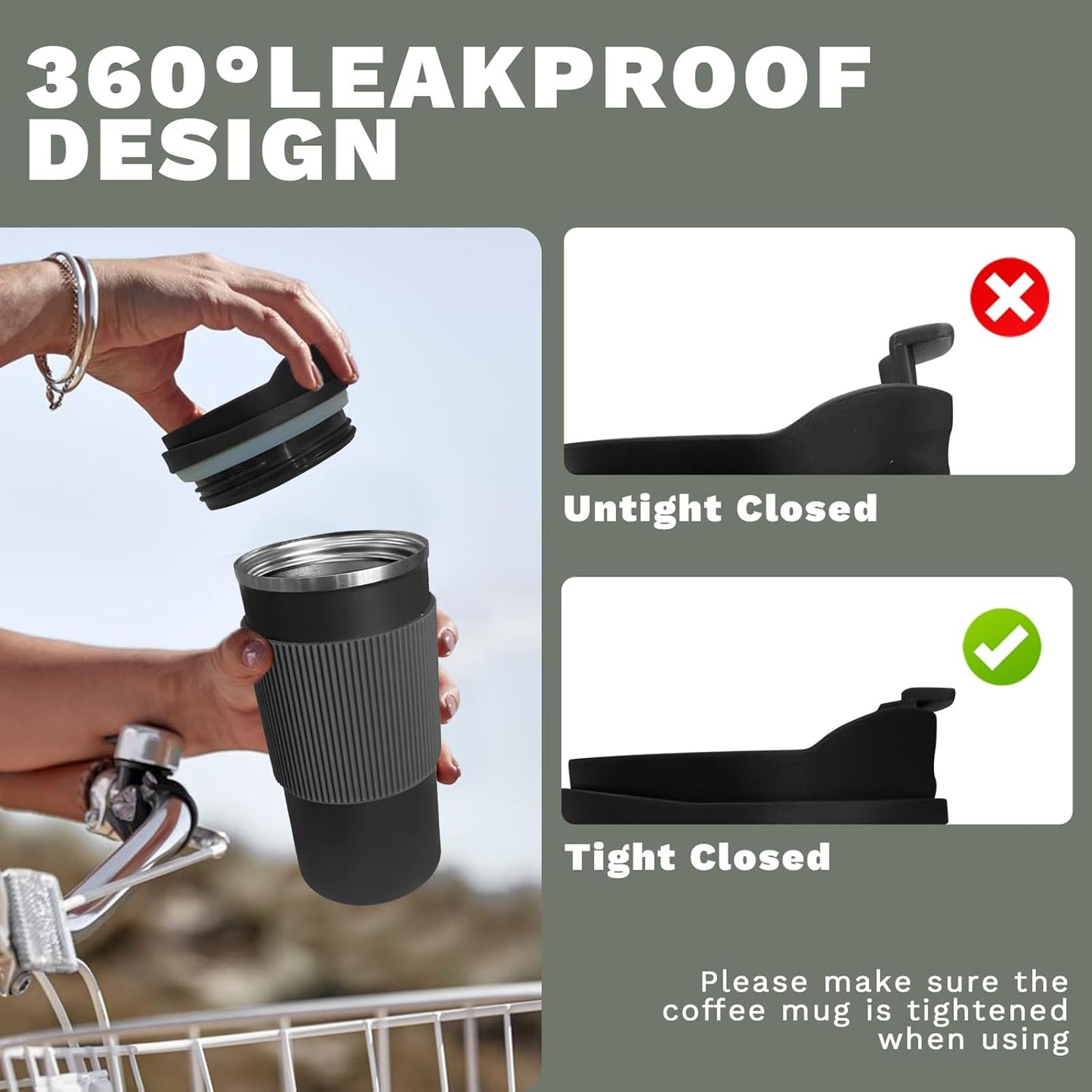 YINBAOGE Upgraded Insulated Travel Coffee Mug, Spill Proof & Leak Proof, Portable Camping Stainless Steel Tumbler, Reusable Coffee Cup with Lid, Thermos for Hot & Cold Drinks (4th-Black, 15OZ)