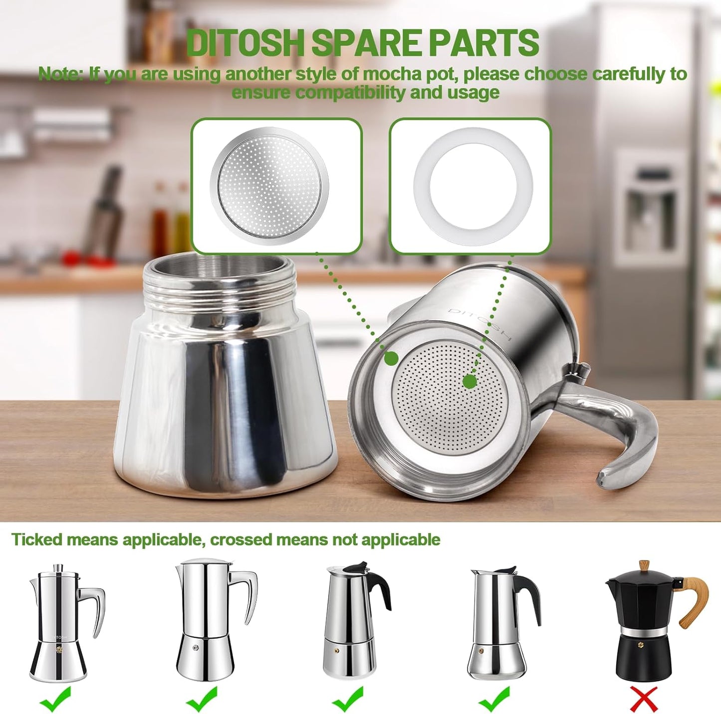 2 Pcs Filter with 3 Pcs Silicone Gasket Seals for 6 Cup Stovetop Espresso Coffee Maker Replacement Parts for 304 Stainless Steel Moka Pot