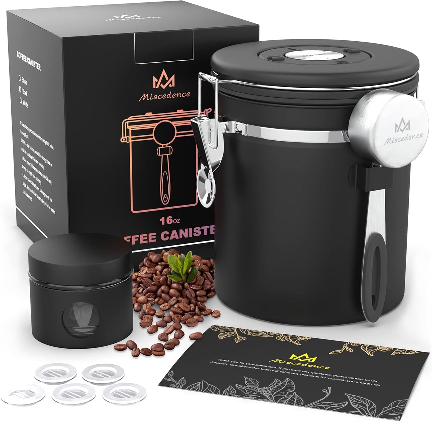 Coffee canister set for ground coffee with Date Tracker,Co2 Valve,Travel jar,Stainless Steel Kitchen Food Airtight storage container for Coffee Beans or Grounds,Tea,Sugar (16oz-Black)