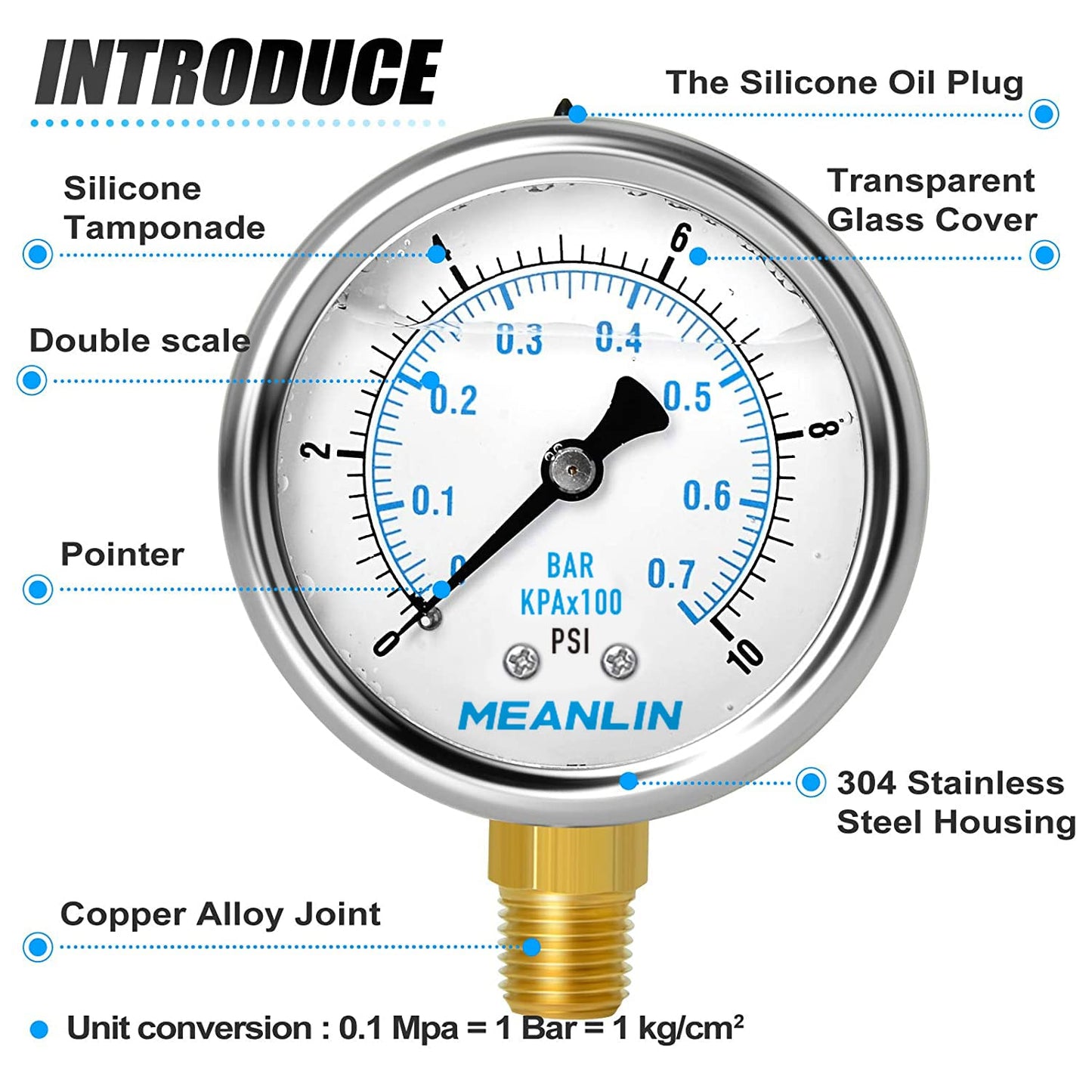 MEANLIN MEASURE 0~10Psi Stainless Steel 1/4" NPT 2.5" FACE DIAL Liquid Filled Pressure Gauge WOG Water Oil Air Lower Mount, with 1/2" NPT and 3/8" NPT Hex Bushing