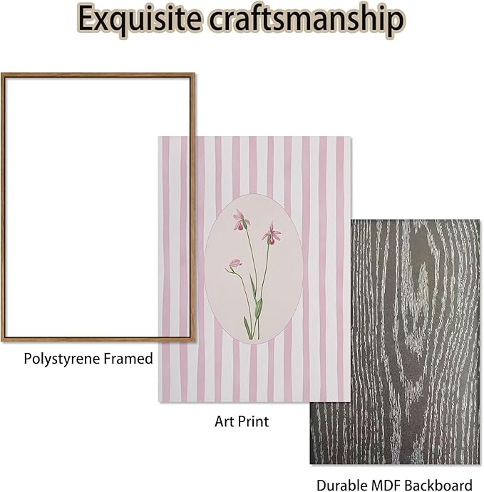 KISSFOX 3 Piece Floral Framed Wall Art Pink Wildflower Canvas Wall Art Flower - Image 4