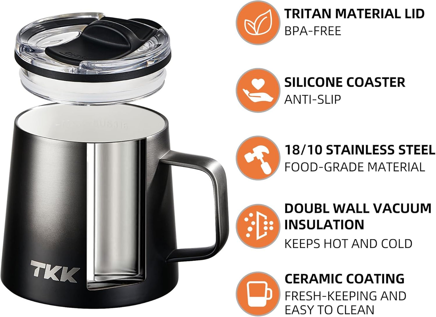 TKK 12 oz Insulated Coffee Mug with Handle Ceramic Coating Detachable Slider Lid Stainless Steel Tumbler Double Wall Vacuum Travel Cup