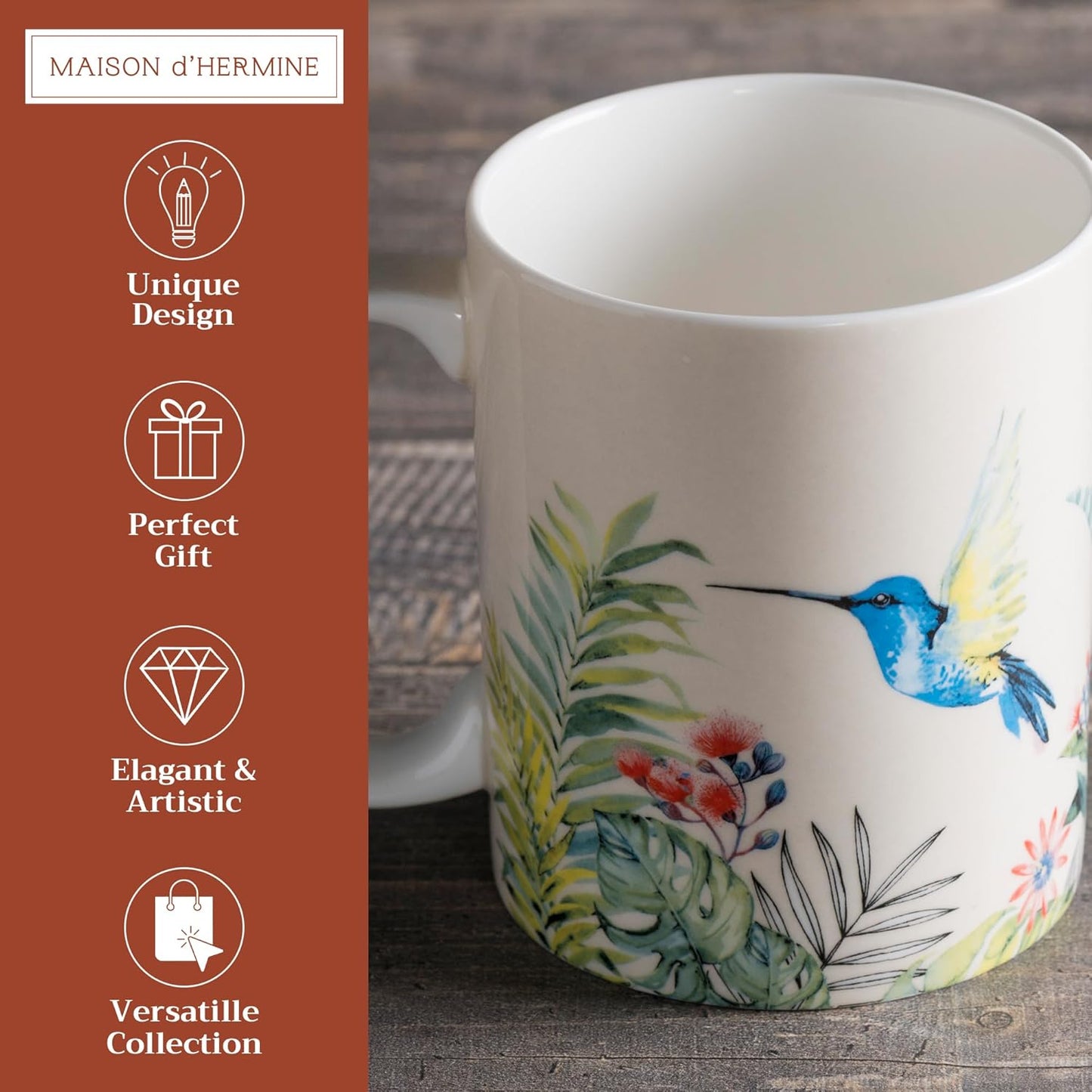 Maison d' Hermine Coffee Mug with Handles Fine Bone China Mugs Pack of One Tea Cups for Hot Beverages Cappuccino Latte Home Restaurant Office Perfect for Gift (Tropiques - Hummingbird, 12 Ounce)