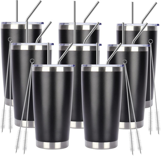 Pandance 20oz Stainless Steel Insulated Tumblers with Lid and Straw Bulk, Double Wall Vacuum Water Cups for Hot & Iced Coffee Drinks Travel Mug (Black, 8 pack)