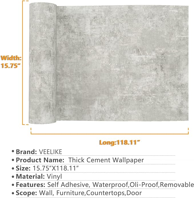 VEELIKE 15.7''x118'' Concrete Wallpaper Peel and Stick Textured Limewash - Image 2