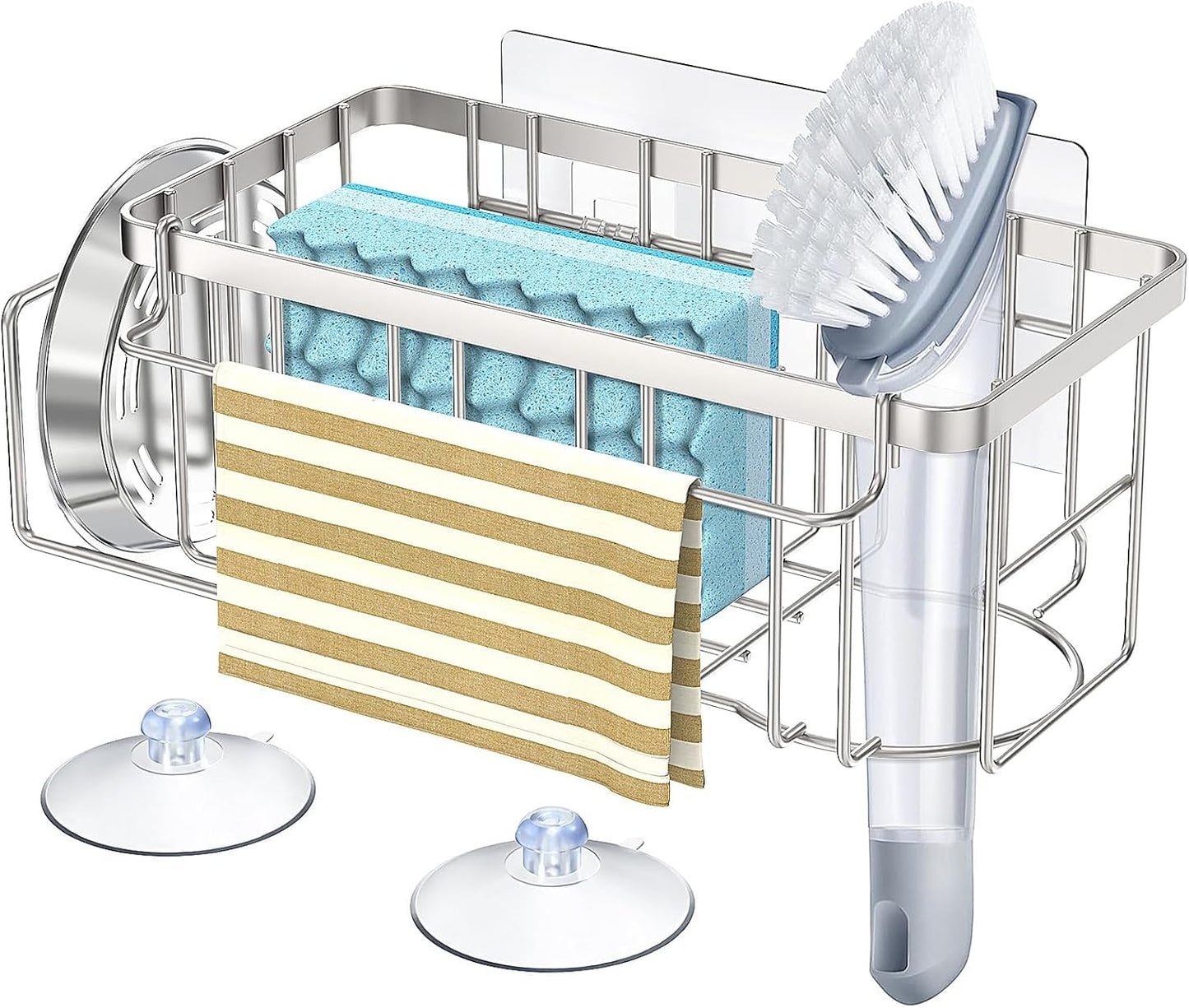 StorageRight 4-in-1 Sponge Holder for Kitchen Sink, Kitchen Organizers and Storage with Adhesive Hook & Suction Cups, Rustproof Sink Caddy for Kitchen Decor, Kitchen Sink Organizer - Silver