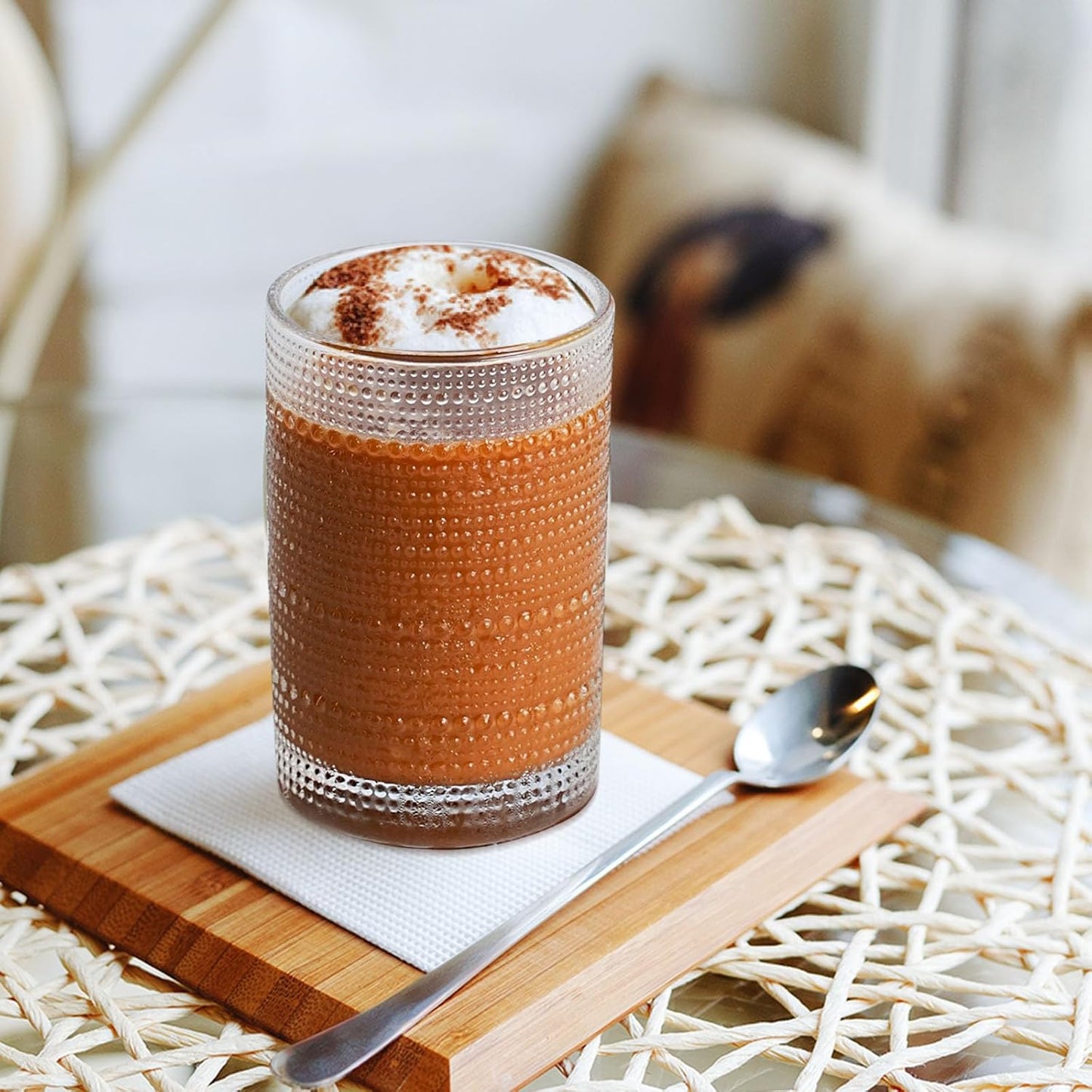 15 Oz Glass Cups with Lids and Straws, Vintage Embossed Glassware for Whiskey Cocktail Beer, Iced Coffee Cup with Lid (2 PACK)