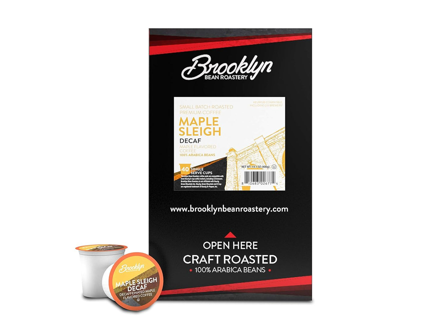 Brooklyn Beans Coffee Pods, Maple Sleigh Decaf - Compatible with Keurig K Cup Brewers Including 2.0 Machines, 40 Count, Maple Flavored
