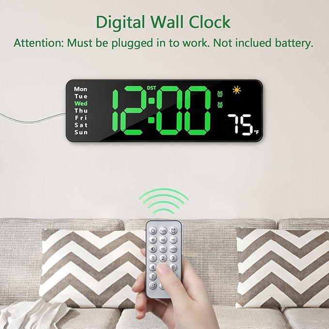 Digital Wall Clock with Remote Control, Large Display Plug in LED Digital Alarm - Image 5