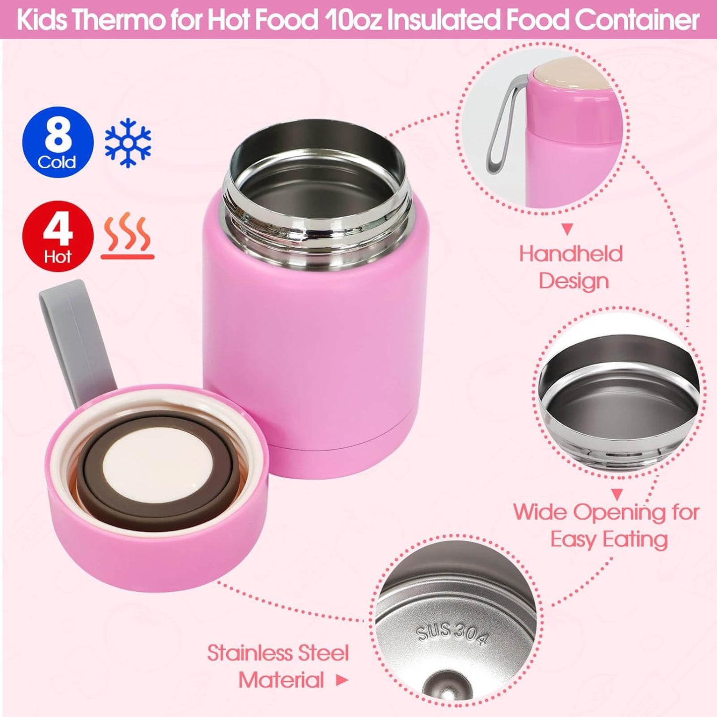 Pink Lunch Box for Girls with 10oz Thermo, with 6 Compartment Bento Box, Nylon Insulated Lunch Bag Adjustable Strap for Girl Kids Teens School Travel Picnic