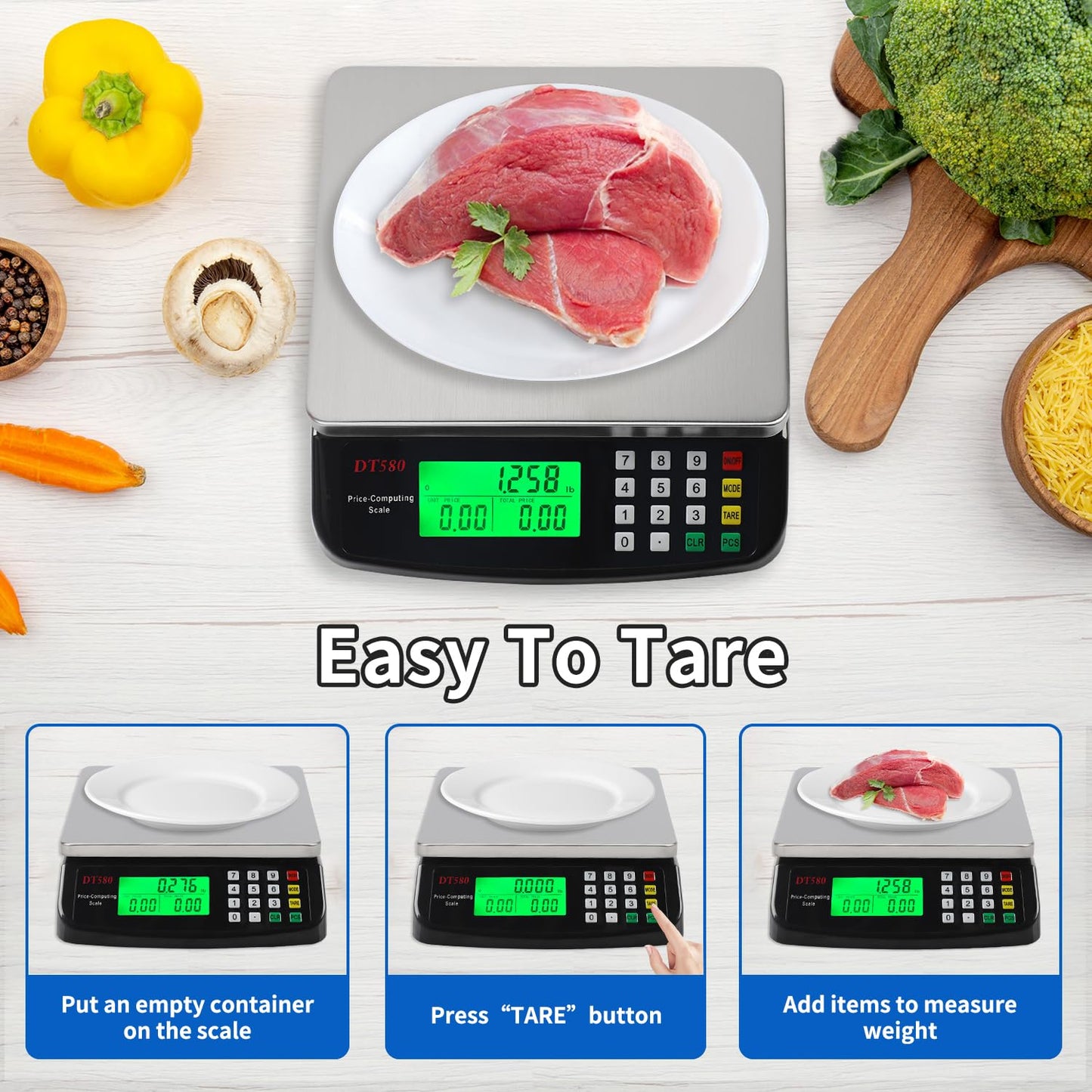 Large Digital Kitchen Scale Black 40KG/88LB Commercial Food Weight Scale Cooking Meat Baking Bread Price Computing Scale Stainless Steel Counting Scale for Deli Stores Tare Function