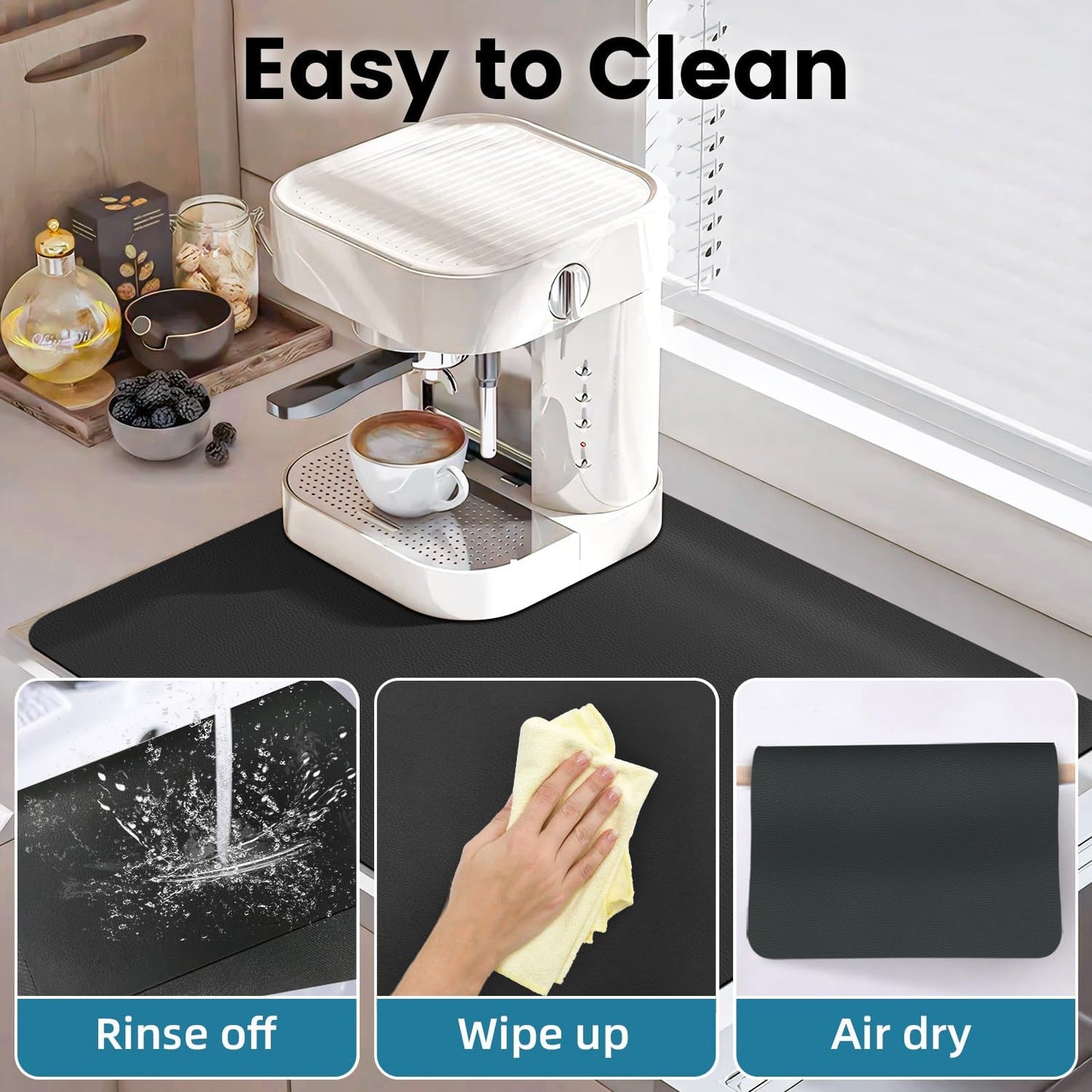 PoYang 24"x16" Coffee Mat Large, Coffee Bar Accessories for Countertop, Absorbent Dish Drying Mat, Anti-Slip and Hide Stain Pad for Espresso Machine, Espresso Maker and Kitchen Counter, Black