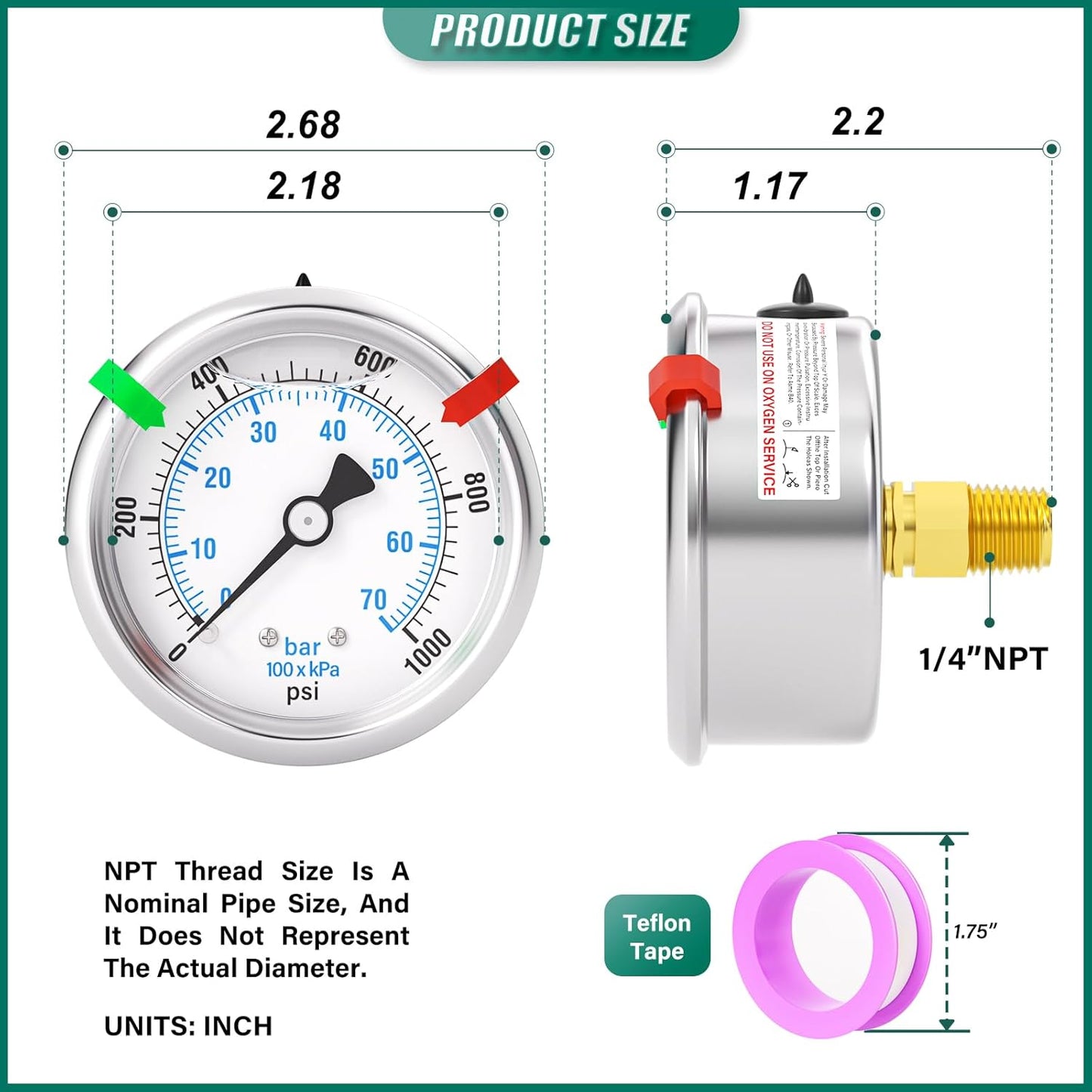 0-1000PSI Stainless Steel Liquid Filled Pressure Gauge, 2.5" Dial Size, 1/4" NPT Back Mount, for Tube, Water Pump, Gas, Liquid, Pressure Test (with Range Mark Pointer)