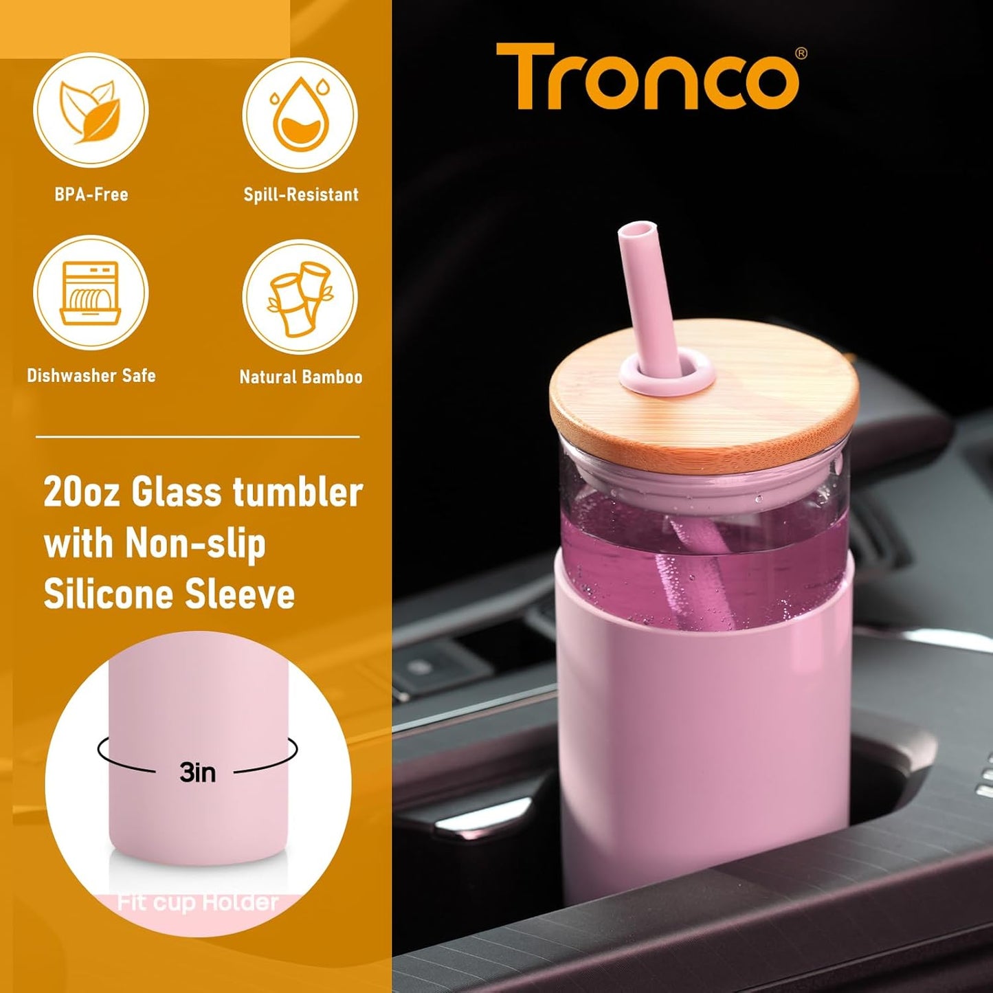 Tronco 20 oz Glass Tumbler with Lid and Straw, Reusable Iced Coffee Cup with Silicone Sleeve & Bamboo Lid, Smoothie Cup for Home, Office, for Father Men Day Gift from Wife Daughter Son (Coffee)