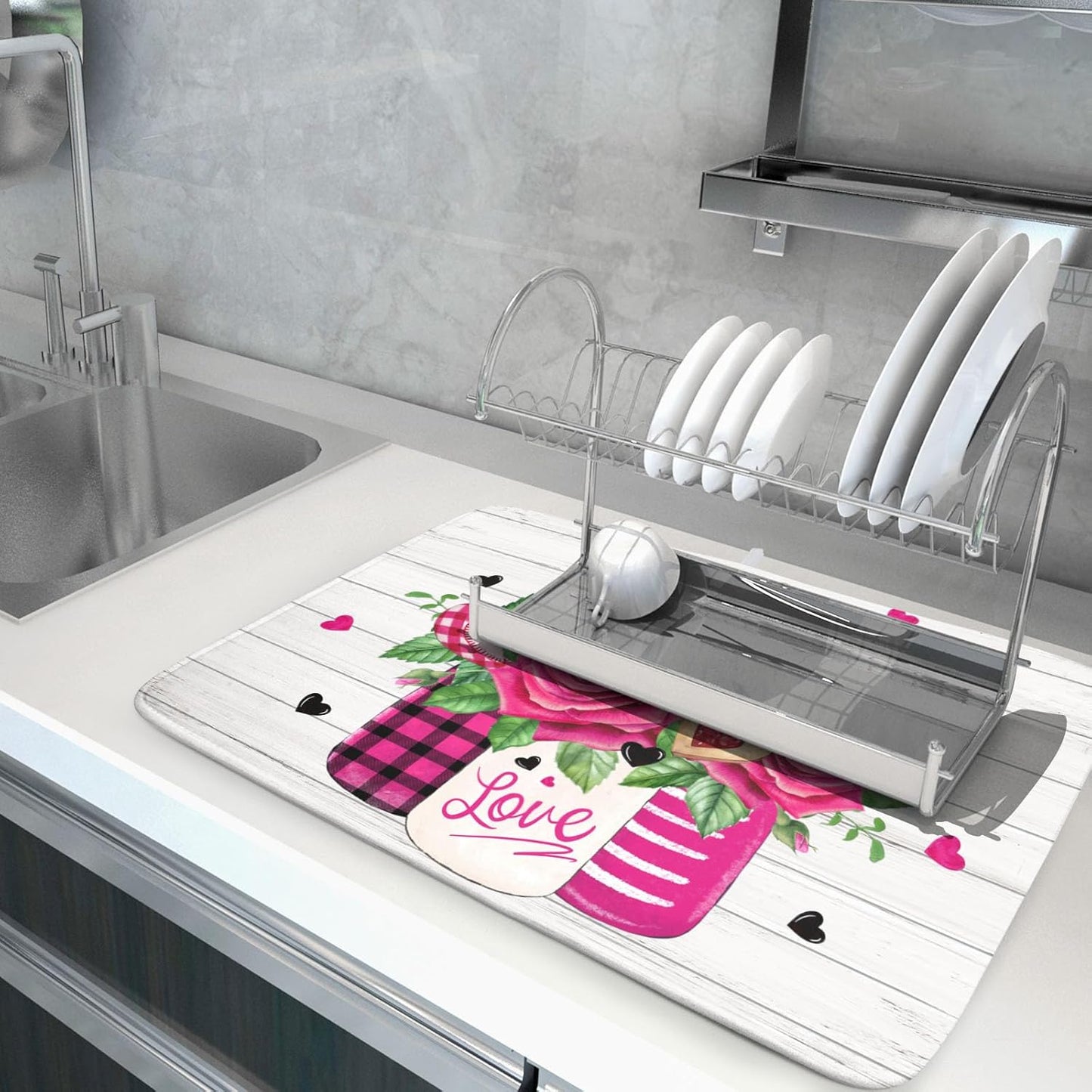 Valentine's Day Rose Flower Dish Drying Mat for Kitchen Counter,Mason Jar Pink Love Heart Drying Mat 18 x 24 Inch with High Absorbent Microfiber Drainer Mat for Coffee Bar