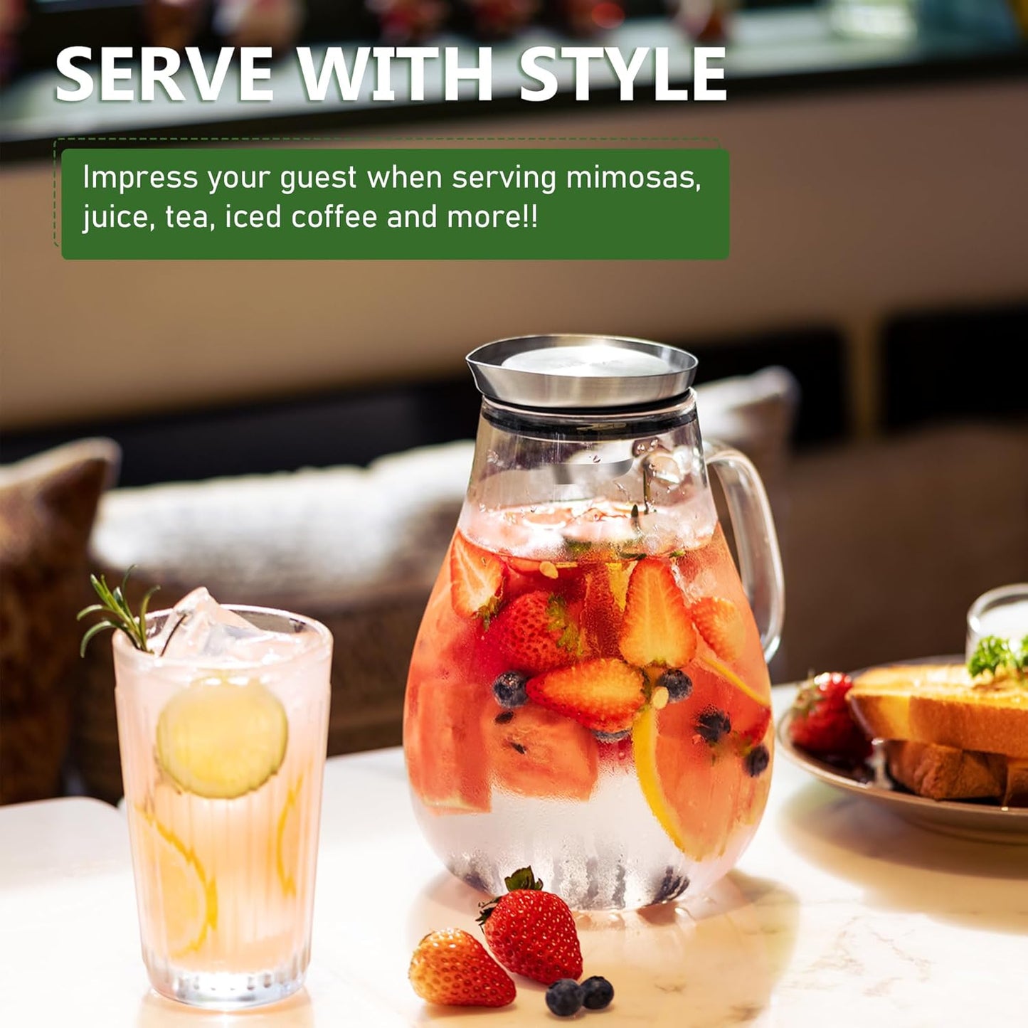 SUSTEAS 2 Liter Glass Pitcher, Water Pitcher with Removable Lid And Wide Handle, Easy Clean Juice Jug for Fridge, Beverage Carafe for Cold/Hot Water, Iced Tea, 1 Long-Handled Brush Included