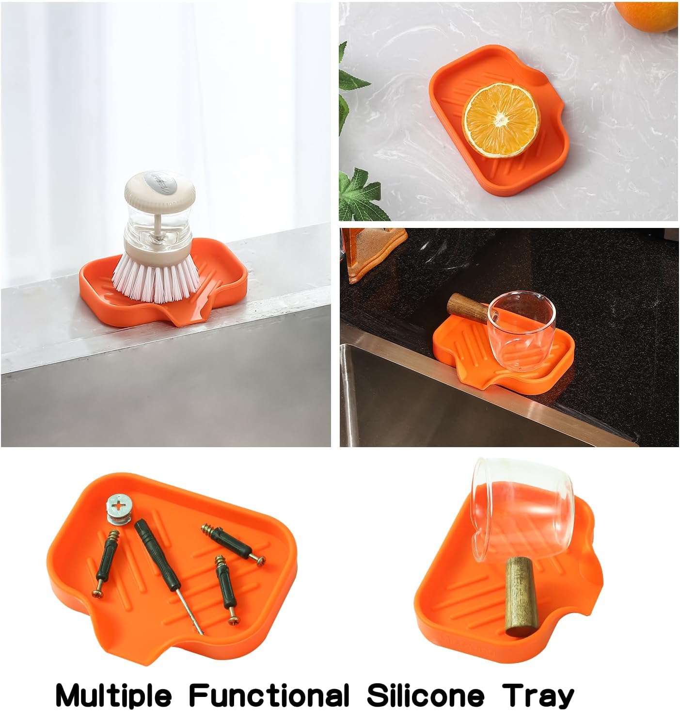 Silicone Bathroom Soap Dishes with Drain Spout-Bathroom and Kitchen Sink Organizer,Sponge Holder,Dish Soap Tray,Perfect for Dispenser,Scrubber,Bottle,Cup on Sink or Counter-Orange 4.9"×3.2"