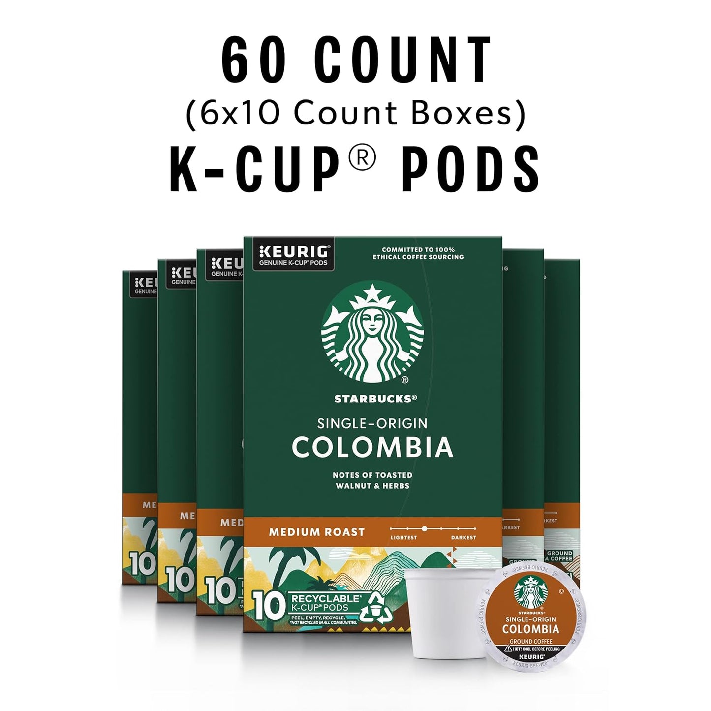 Starbucks K-Cup Coffee Pods, Medium Roast Coffee, Colombia, 100% Arabica, 6 boxes (60 pods total)