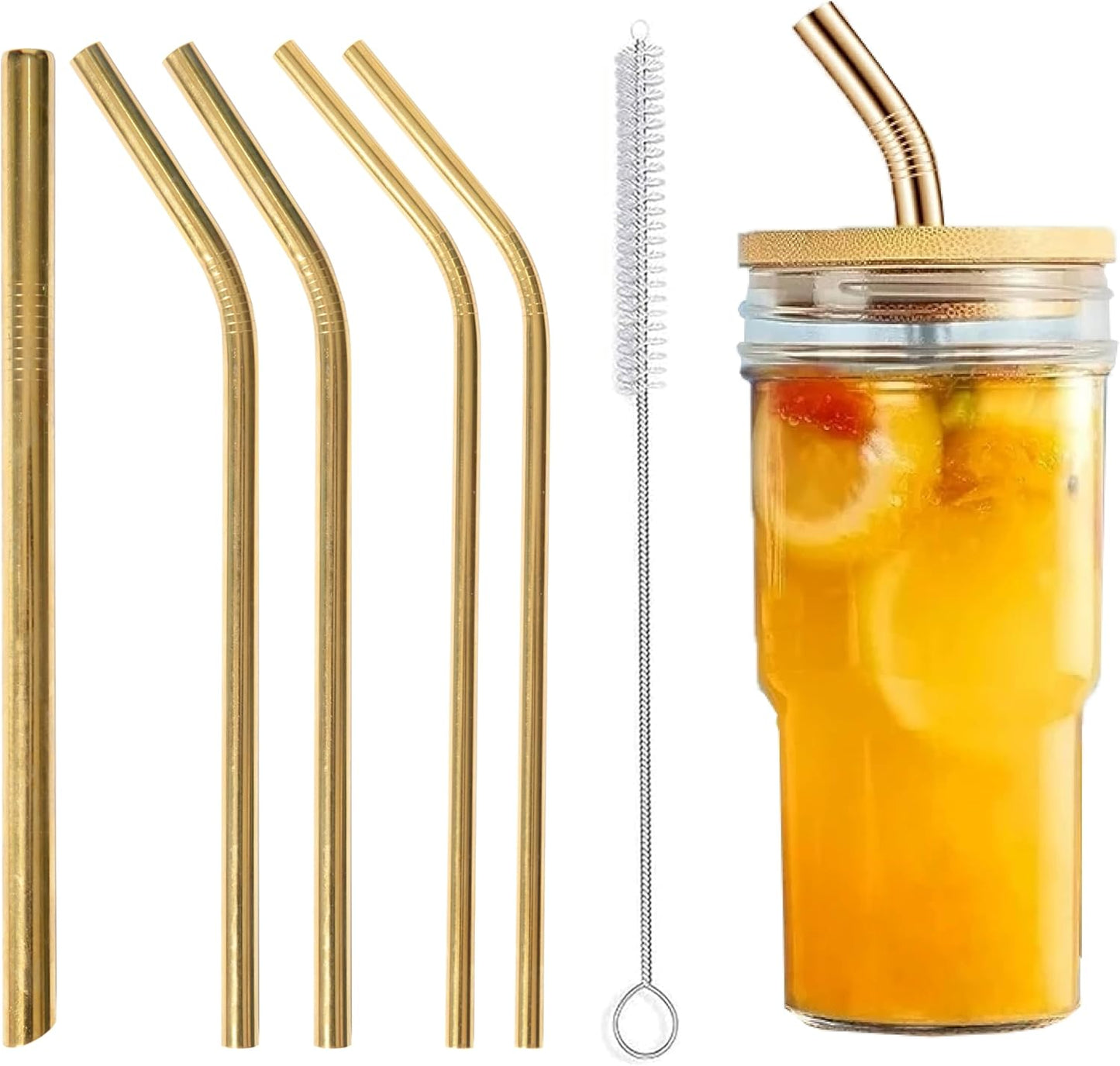 Gold stainless steel Reusable Straws-8.5" Set for smoothies, Juices &Coffee - 6-pack with Cleaning brush - Eco-Freiendly, Durable & Elegant Design