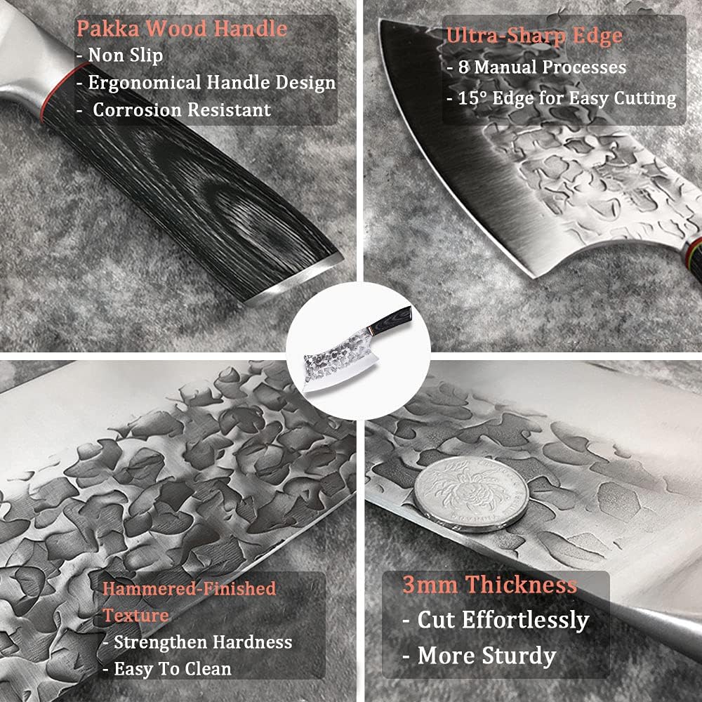 BLADESMITH Butcher Knife 8“, Forged Meat Cleaver Kitchen Knives, Curved High Carbon Steel Blade, PakaWood Handle, for Slicing and Cutting