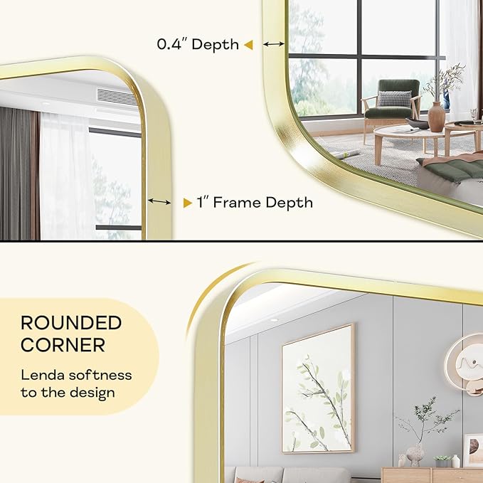 Wall Mount Mirror for Bathroom, Brushed Gold Metal Framed Rounded Corner - Image 5