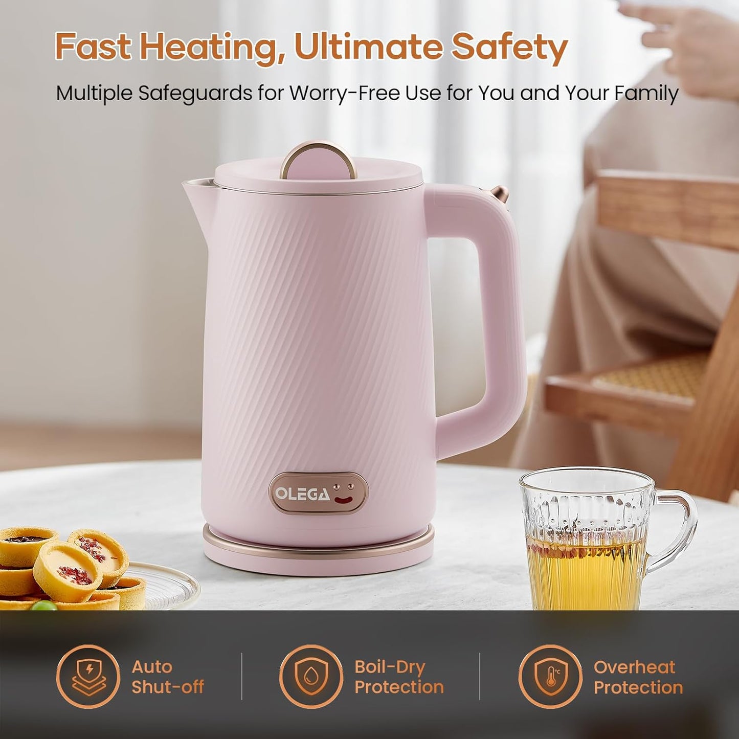 OLEGA Electric Kettle - 1500W Electric Tea Kettle 1.8L Stainless Steel Inner Electric Kettles for Boiling Water Auto Shut Off Boil-Dry Protection Electric Water Kettle for Coffee Tea Pink