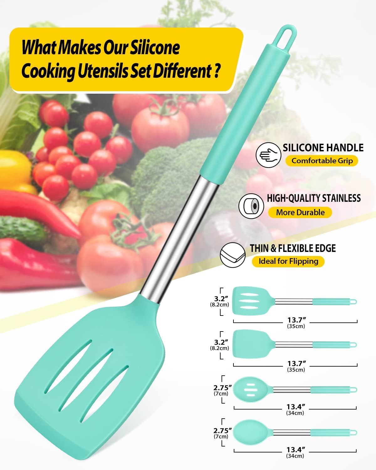 Pack of 4 Silicone Cooking Utensils Set, Non Stick Large Solid Spatulas, Heat Resistant Blue Slotted Spoons, Ideal BPA Free Kitchen Turners for Frying, Mixing,Serving,Draining,Turning,Stirring