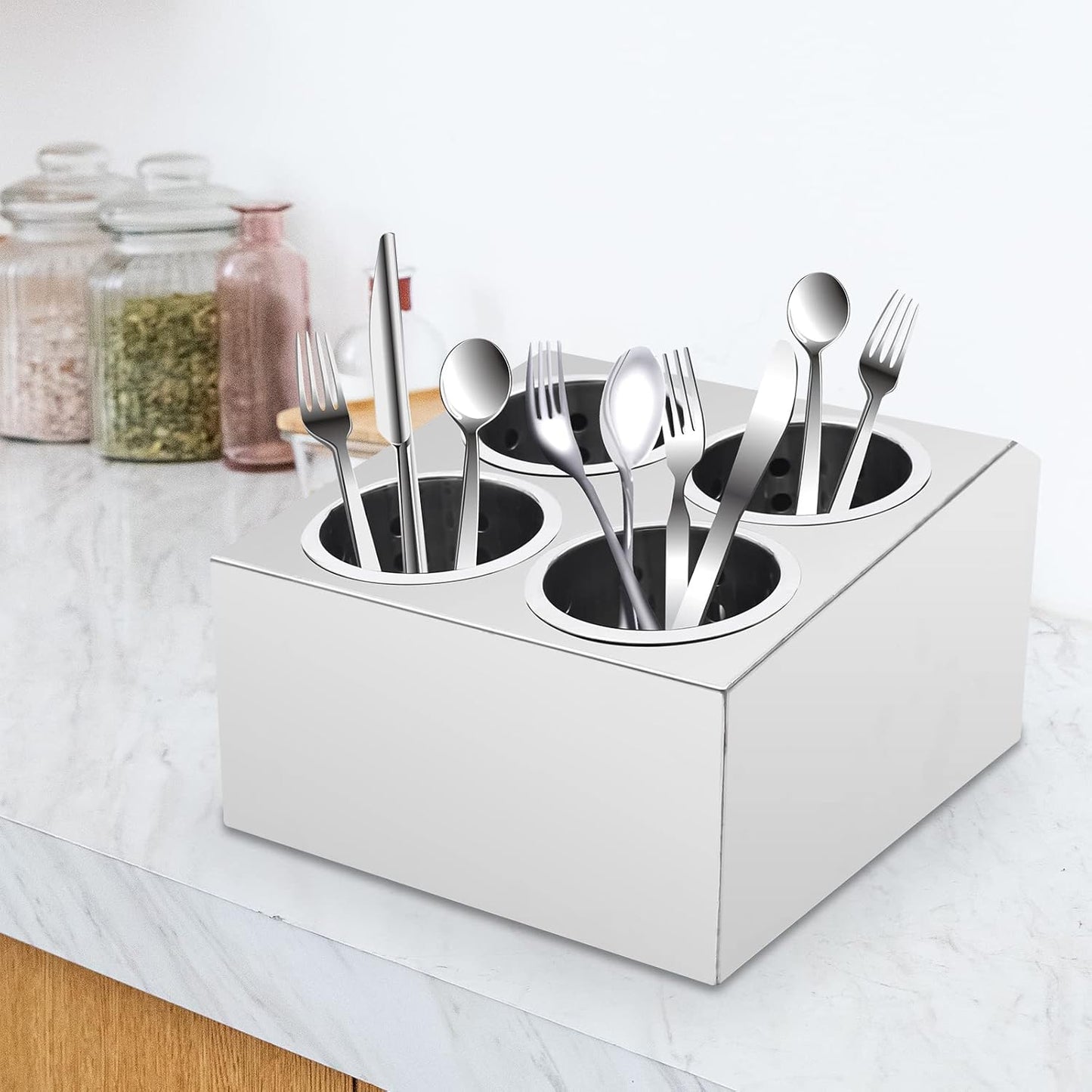 Stainless Steel Flatware Utensil Holder, Commercial 4-Hole Cylinder Silverware Organizer for Countertop Restaurant