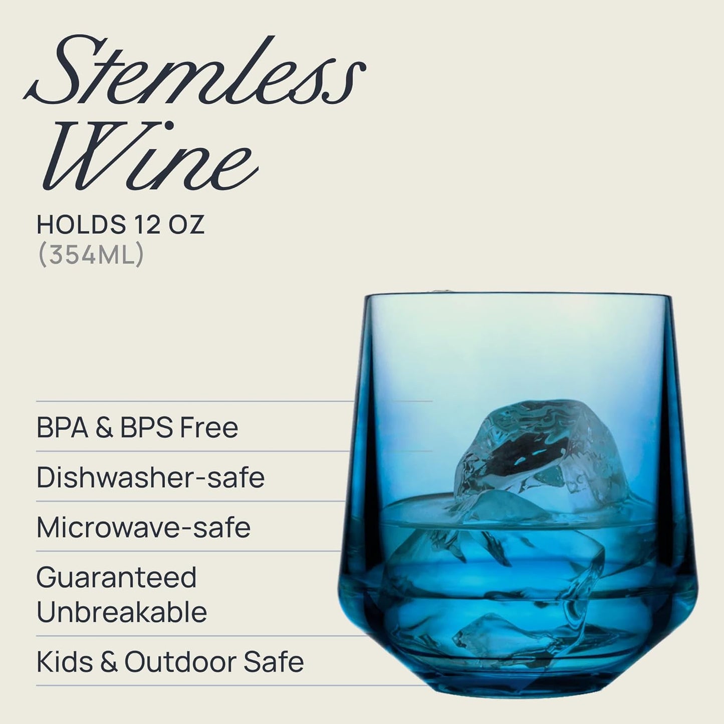 Drinique Unbreakable Stemless Wine Glasses – Set of 4 | 12oz Tritan Plastic | Made with 50% Recycled Content | Reusable, Dishwasher Safe, BPA-Free, Shatterproof | Indoor, Outdoor, Everyday Use - Blue