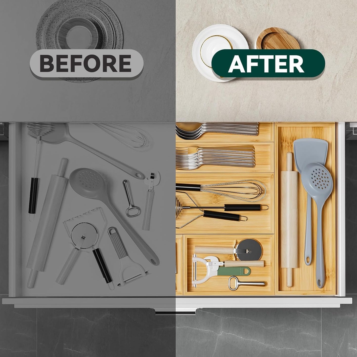 Bamboo Drawer Organizer, Small Silverware Organizer for Kitchen Drawer, Stackable Utensil Tray, 2 Pcs Flatware Organizer, Bamboo 6" x 3" x 2" (Outer), 5.3" x 2.3" x 1.77" (Inner)