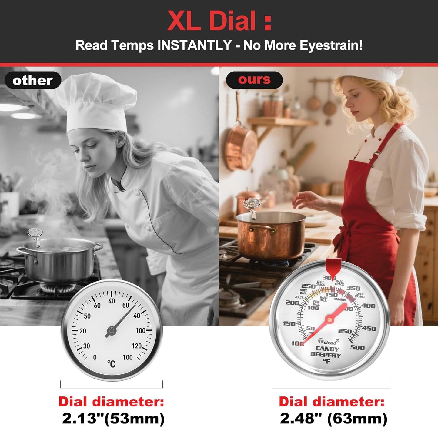 Upgraded Candy Thermometer Waterproof - Oil Thermometer for Frying with Clips - 9" Side of Pot Rainbow dial Thermometer Deep Fry for Oil Candy Candle BBQ - Silver XL