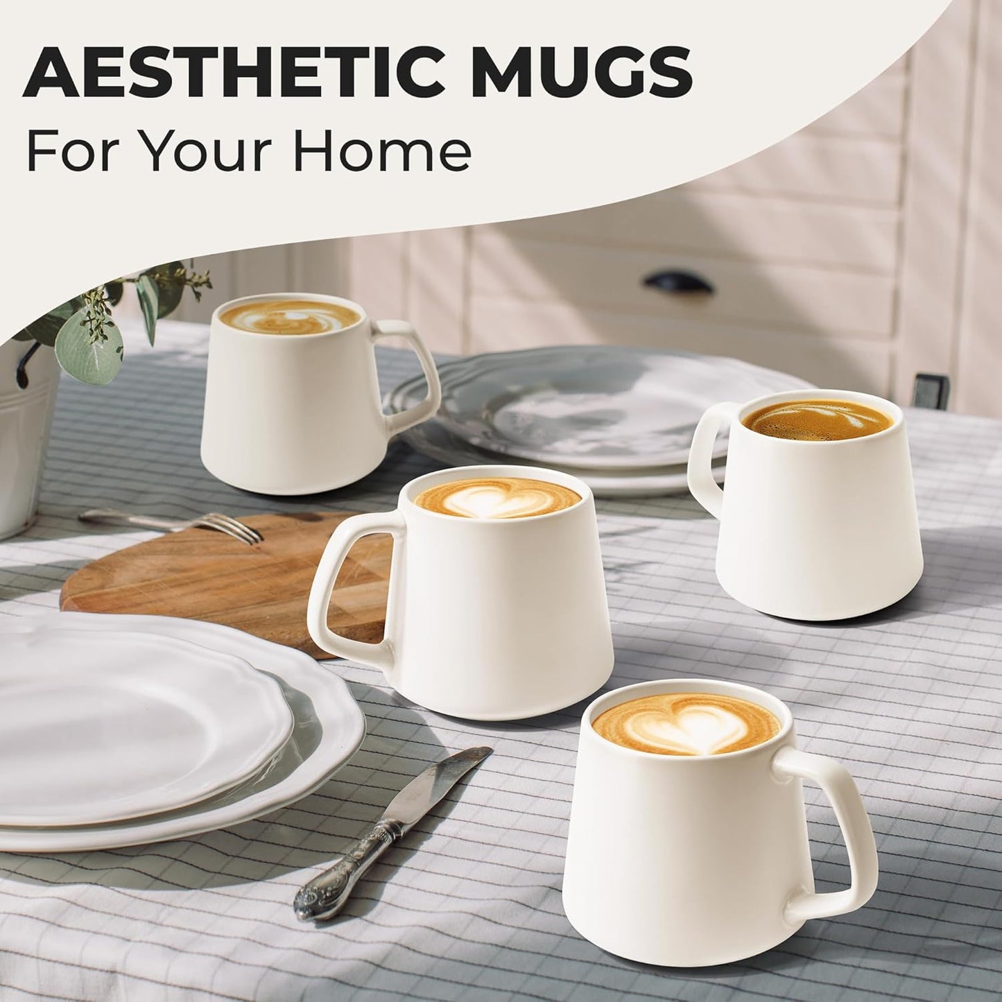 MIAMIO - Coffee Mugs Set of 4 / Large Ceramic Coffee Cups (14 oz) - Mug for Cappuccino, Tea, Espresso - Microwave and Dishwasher Safe - Luxe Collection (White Series)