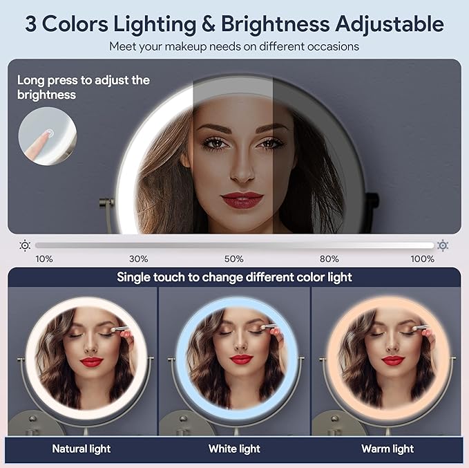 Rocollos 9" Wall Mounted Lighted Makeup Mirror, Large Double Sided 1X/10X - Image 3