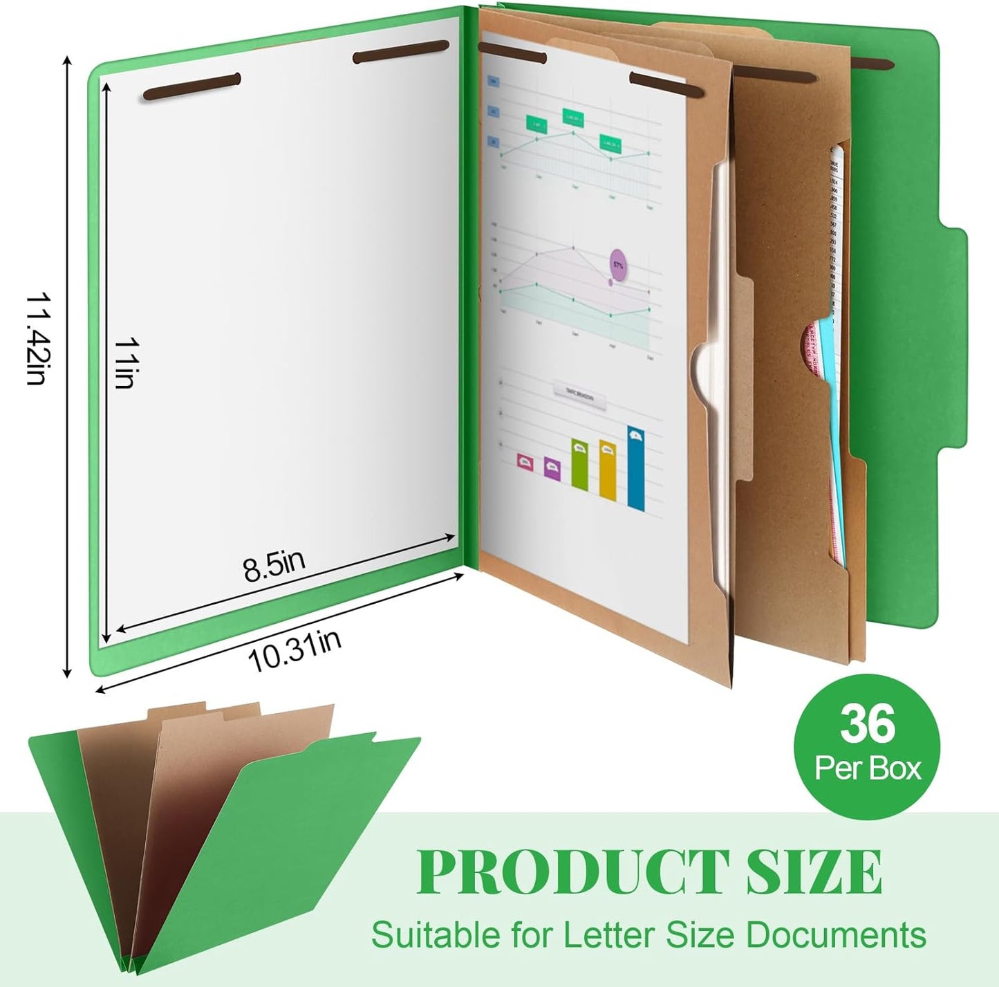 36 Pcs Classification Folders Letter Size, Back to School Supply for Teacher, Student, 2 Pocket Dividers Pressboard File Folder Bulk with 2 Fasteners, 2 in Expanding File Organizer (Green)
