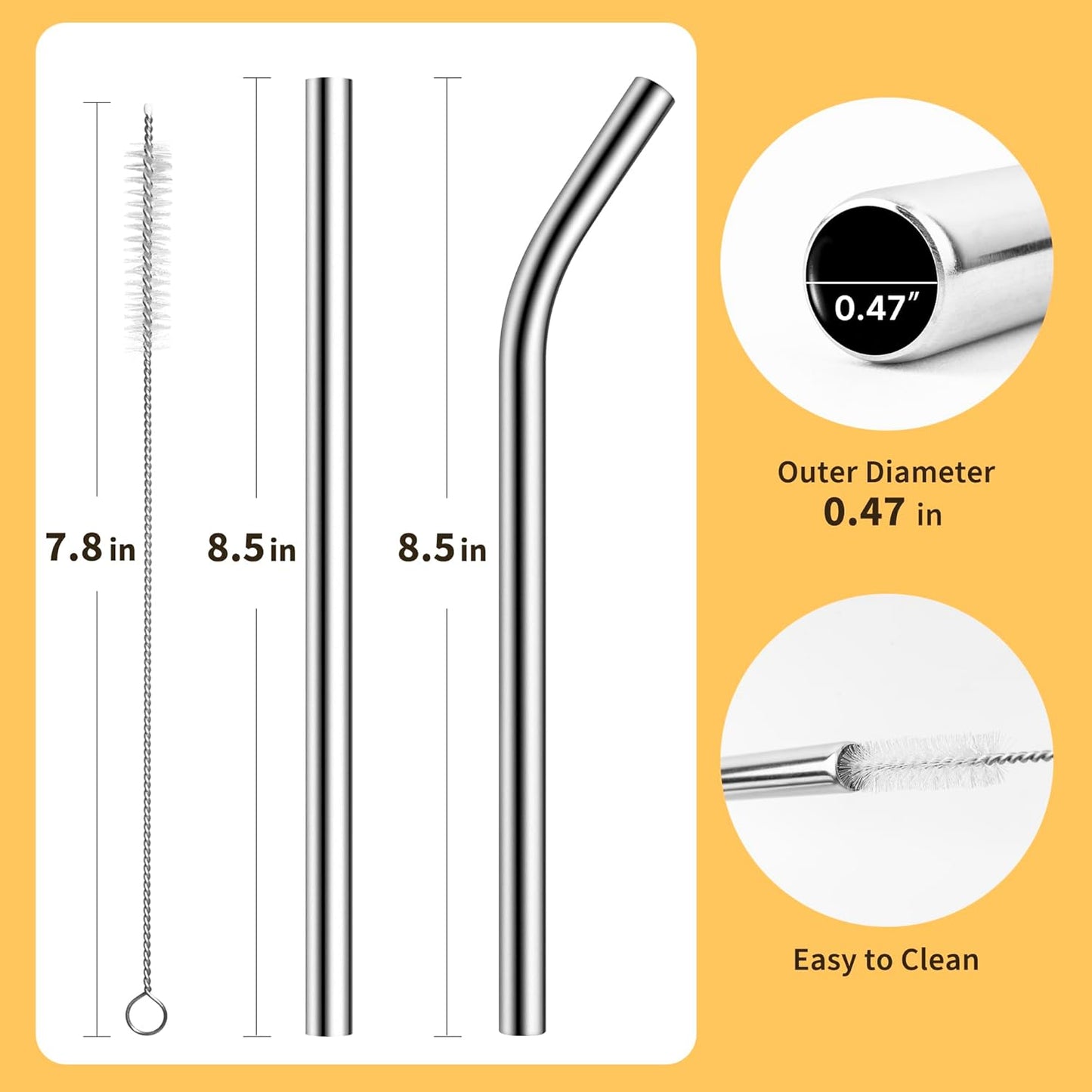 Stainless Steel Smoothie Straws, 0.47" Extra Wide Reusable Metal Drinking Straight & Bent Straws for Milkshake, Bubble Tea, Beverage