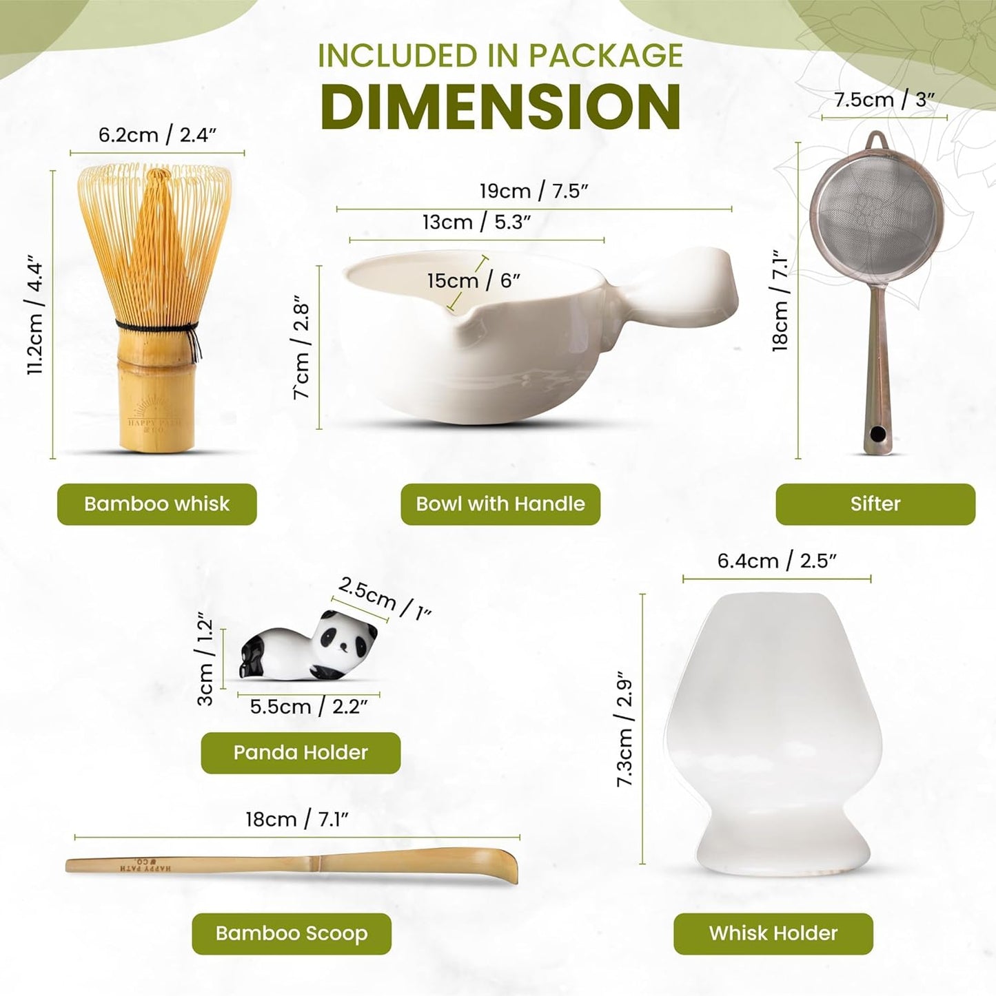 HAPPY PATH & CO Matcha Tea Set – 6 Pcs Matcha Kit Set Includes Bamboo Whisk(Chasen) & Bowl with Spout, Sifter, Scoop & Holder | White Matcha Whisk Set - Perfect Matcha Tool Set for Matcha Lovers