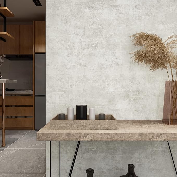 VEELIKE Distressed Light Grey Concrete Wallpaper Peel and Stick Modern Limewash - Image 2