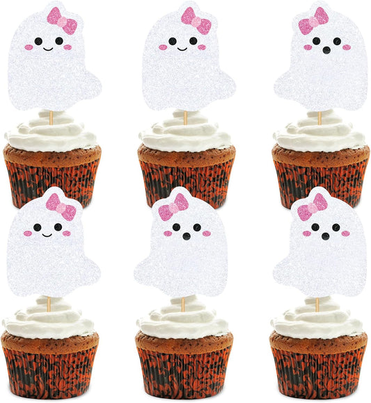 Whaline 48Pcs Halloween Cupcake Toppers Pink Bow Ghost Cupcake Picks Cute Ghost Cake Decorations for Halloween Birthday Party Supplies