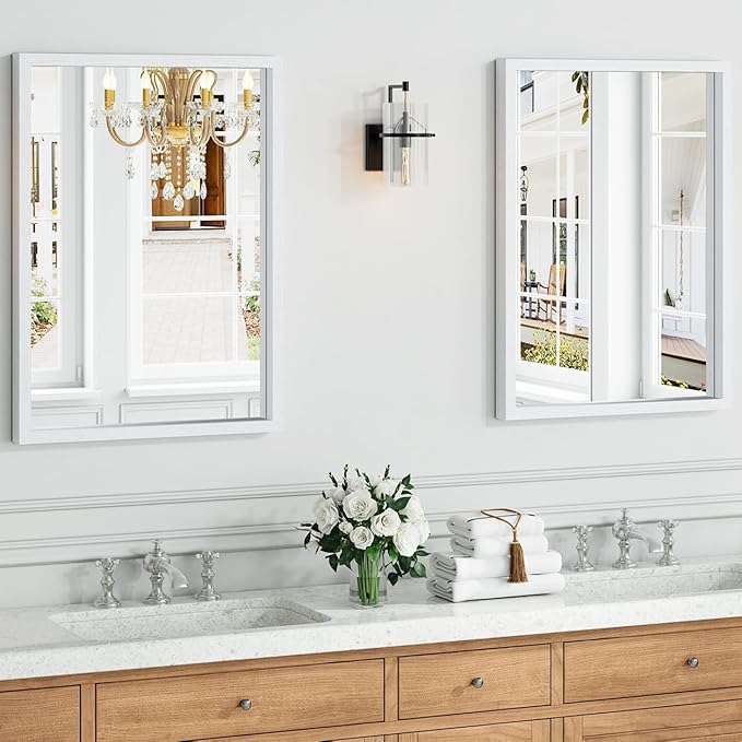 Syndra White Wood Frame Bathroom Mirror, Waterproof Slim Deep Frame, - Image 2
