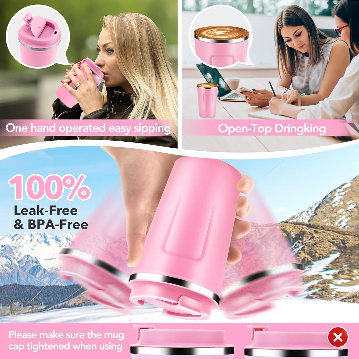 Volhoply 12 oz Double Wall Insulated Vacuum Travel Coffee Mugs with Flip Lid Bulk 2 Pack,Reusable Stainless Steel Leak Proof Coffee Cup,Portable Cafe Thermal Tumbler for Hot & Cold Drinks(Pink,2 Set)