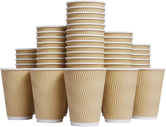 Hot Paper Cups_12 oz Disposable Insulated Corrugated Sleeve Ripple Wall Paper Cup 100 pcs,12oz Cups for Drink，Hot Coffee Cups (Brown)