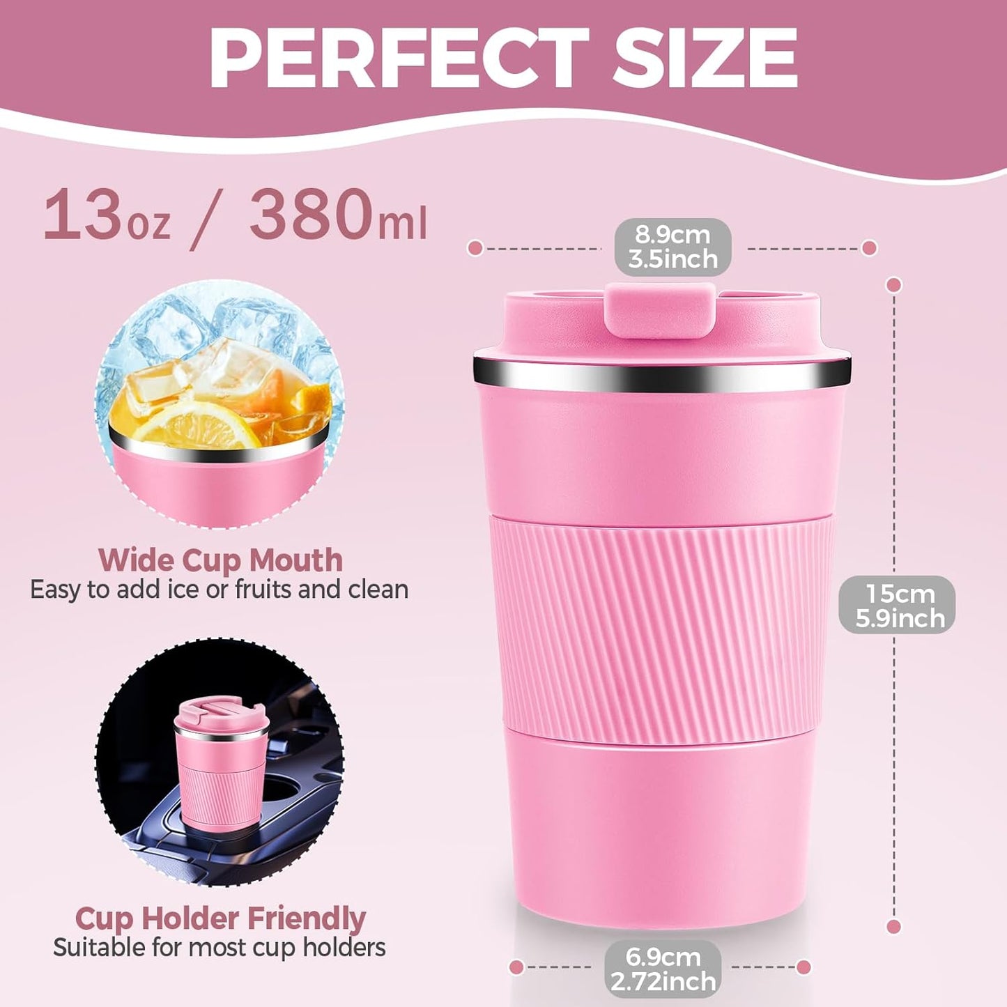 Volhoply 13 oz Stainless Steel Insulated Travel Coffee Mug with Fip Lid Bulk 8 Pack,Reusable Double Wall Vacuum Metal Coffee Cup,Portable Leak Proof Thermal Tumbler for Hot & Cold Drinks(Pink,8)