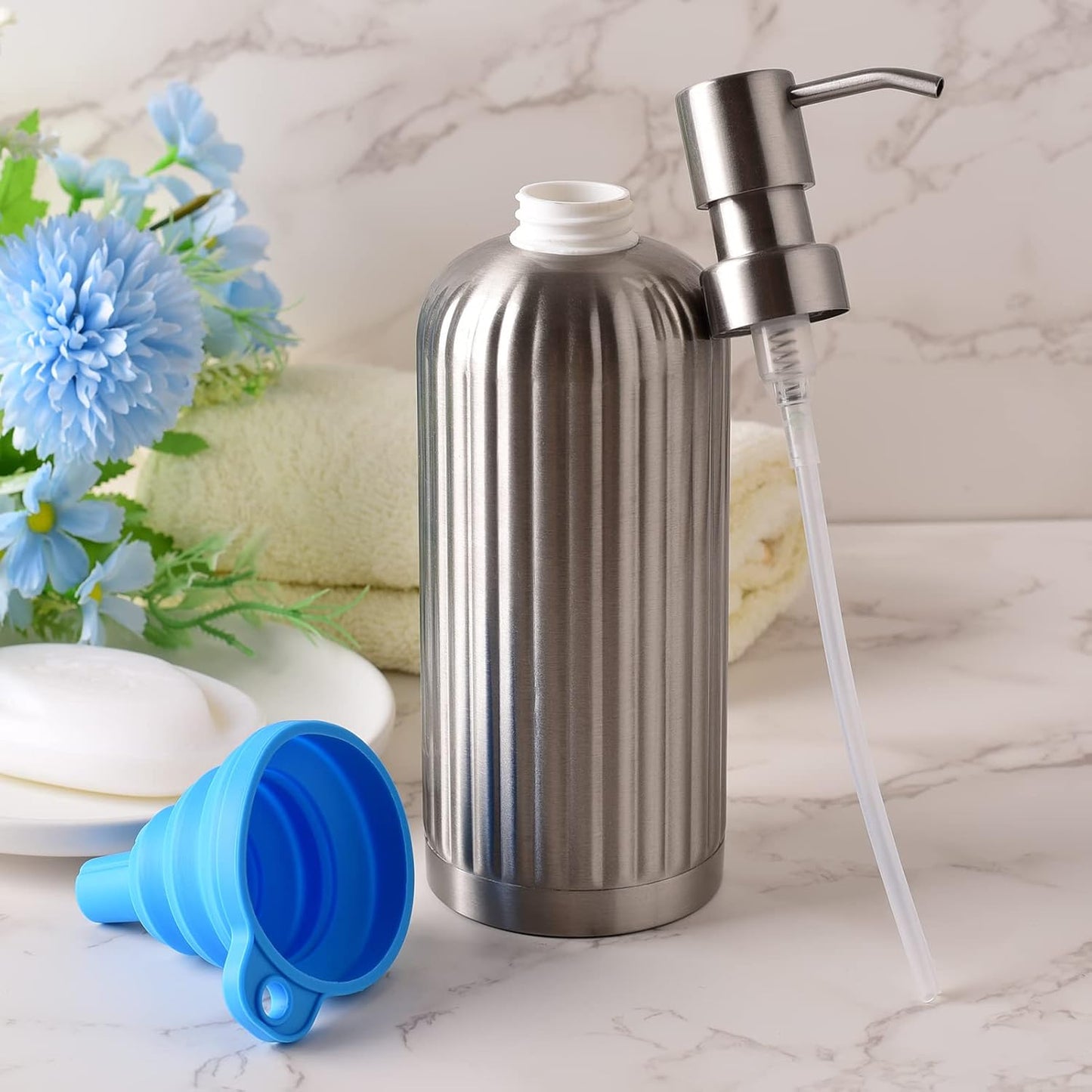 Countertop Soap Dispenser - Rust-Proof Roman Column Shaped Stainless Steel Bottle with Pump for Bathroom and Kitchen - 18 oz Brushed Nickel Liquid and Lotion Dish Soap Dispenser